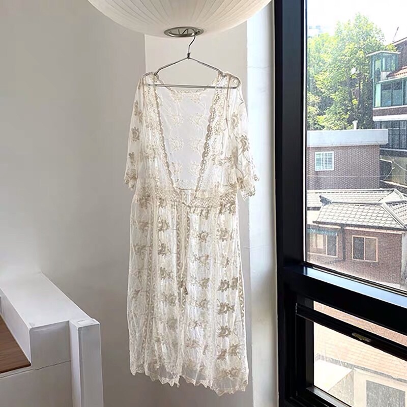 Áo choàng ren biển hoa dáng dài qua gối (~120cm) 1090#