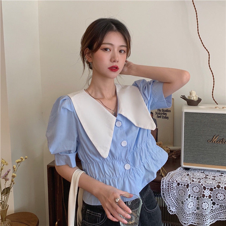 Áo Sơ Mi Tay Phồng Ngắn Phong Cách Hàn Quốc Màu Sắc Tương Phản Thời Trang Mùa Hè Cho Nữ