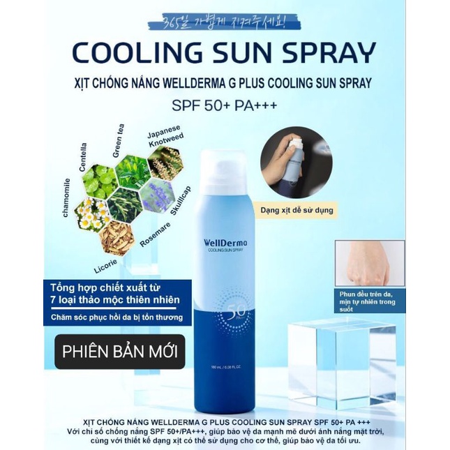 Xịt Chống Nắng Chống Trôi, Giảm Nhiệt, Làm Mát Da Wellderma G PLus Cooling Sun Spray SPF50 PA+++