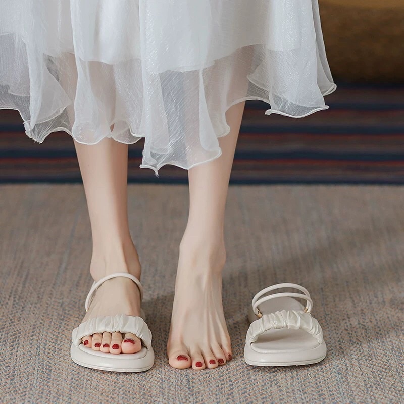 Sandal Nữ Tiểu Thư Quai Xếp Ly Màu Trắng Điệu Đà Nữ Tính 100 (3,5 Phân)
