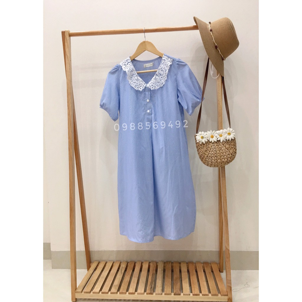 Váy bầu bigsize - Đầm bầu thiết kế GuMe Kẻ Xanh Cổ Sen Bo Tay chất vải thô mềm size từ 40-100kg  MB209 xanh- ảnh thật