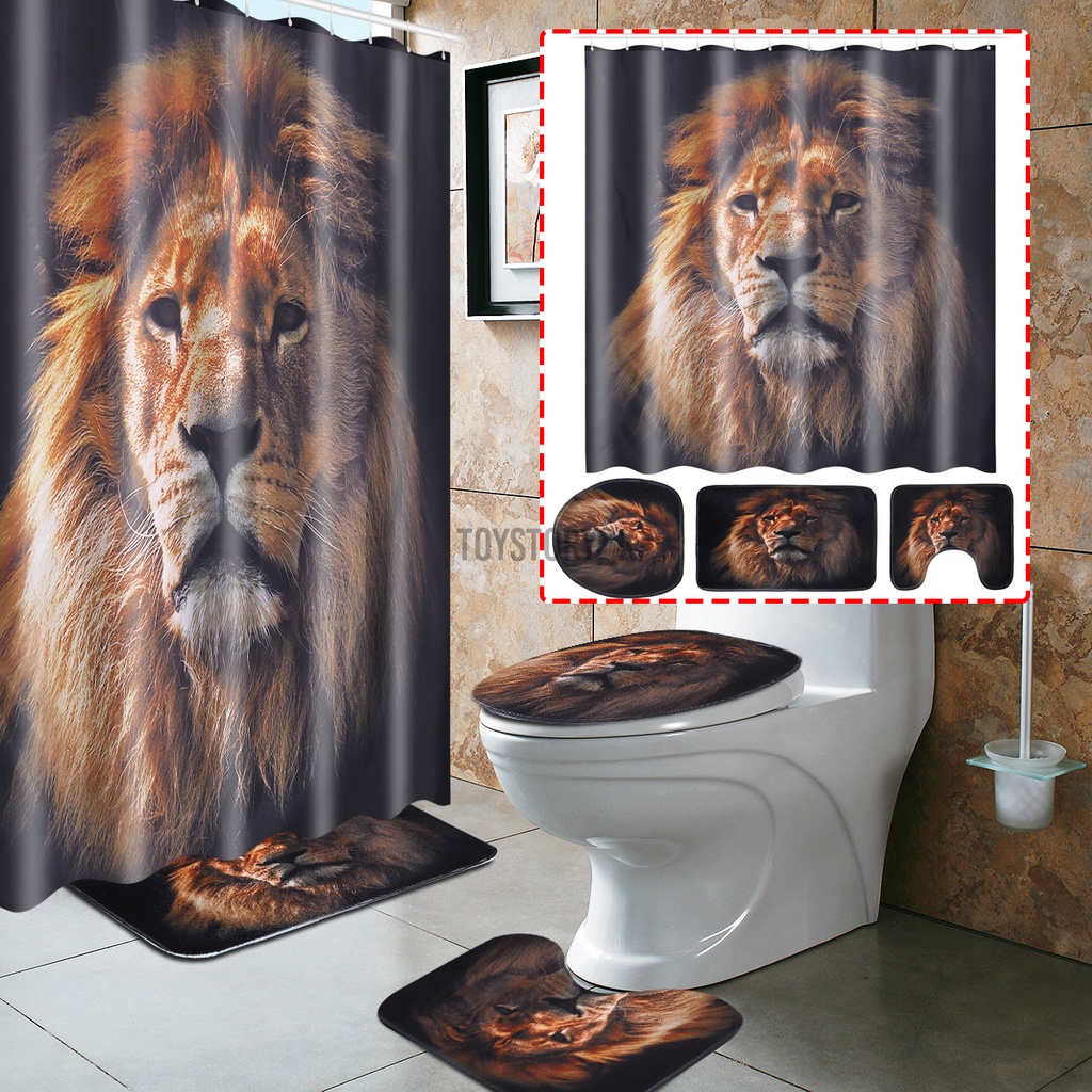 Lion Animal Shower Curtain Bath Pad Pedestal Rug Lid Toilet Mat Cover