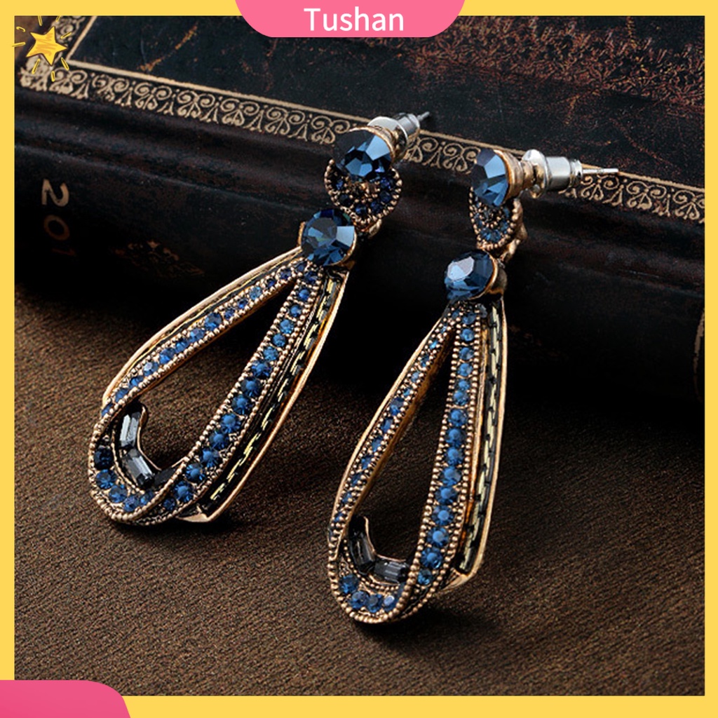 Bông tai dáng dài đính đá xanh dương thời trang dự tiệc cho nữ