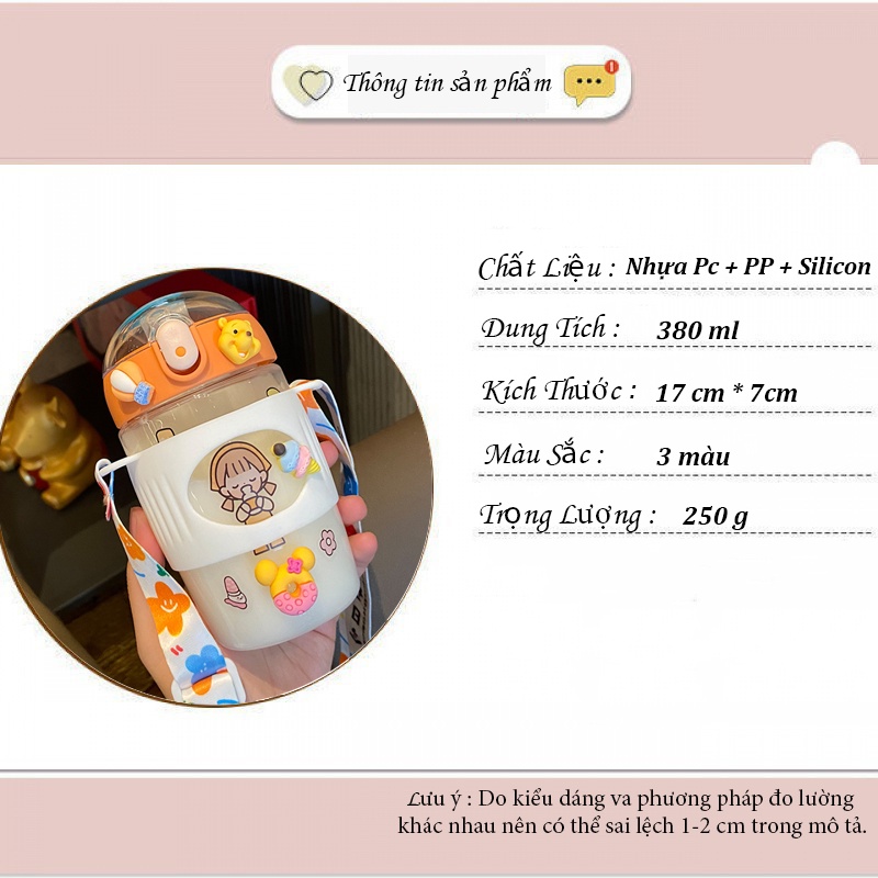 Bình nước cute có ống hút 380ml bình nước trẻ em đi học đi chơi có dây đeo tặng kèm sticker B4