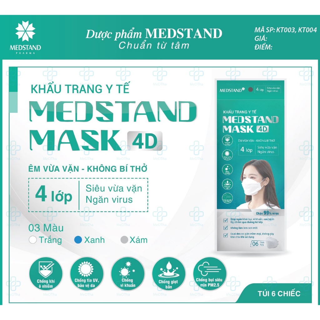 Khẩu Trang Y Tế 4D Mask Medstand Chính Hãng Công ty Dược (6 chiếc/túi) - 2 Màu Xanh Trắng