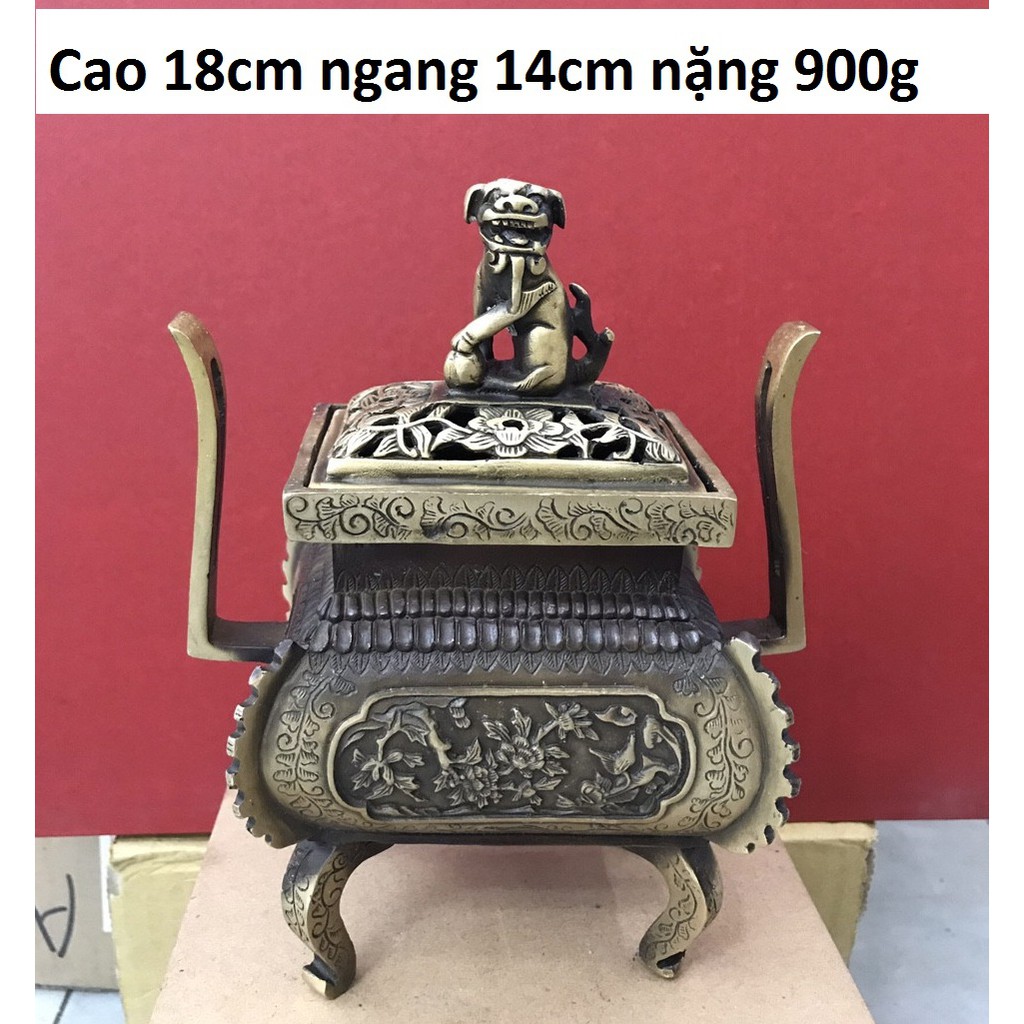Lư xông trầm vuông nắp nghê bằng đồng MS60