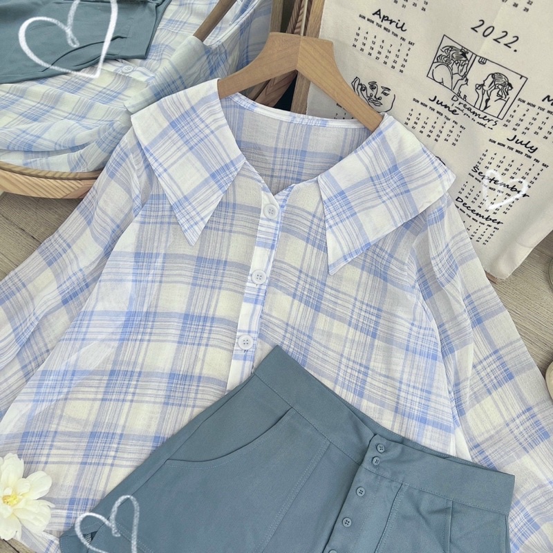 Set áo kẻ xanh tay bồng cổ nhọn + quần short gài nút [kèm hình thật]