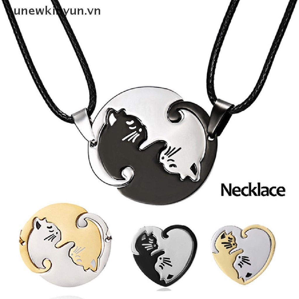 【UU】 2pc/set Couple Heart Necklace Matching Puzzle Cat Pendant Jewelry Valentine Gift .