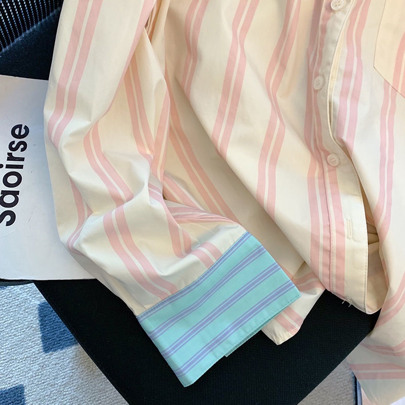 Áo Sơ Mi Dài Tay Họa Tiết Kẻ Sọc Màu Tương Phản Thời Trang Mùa Thu Cho Nữ