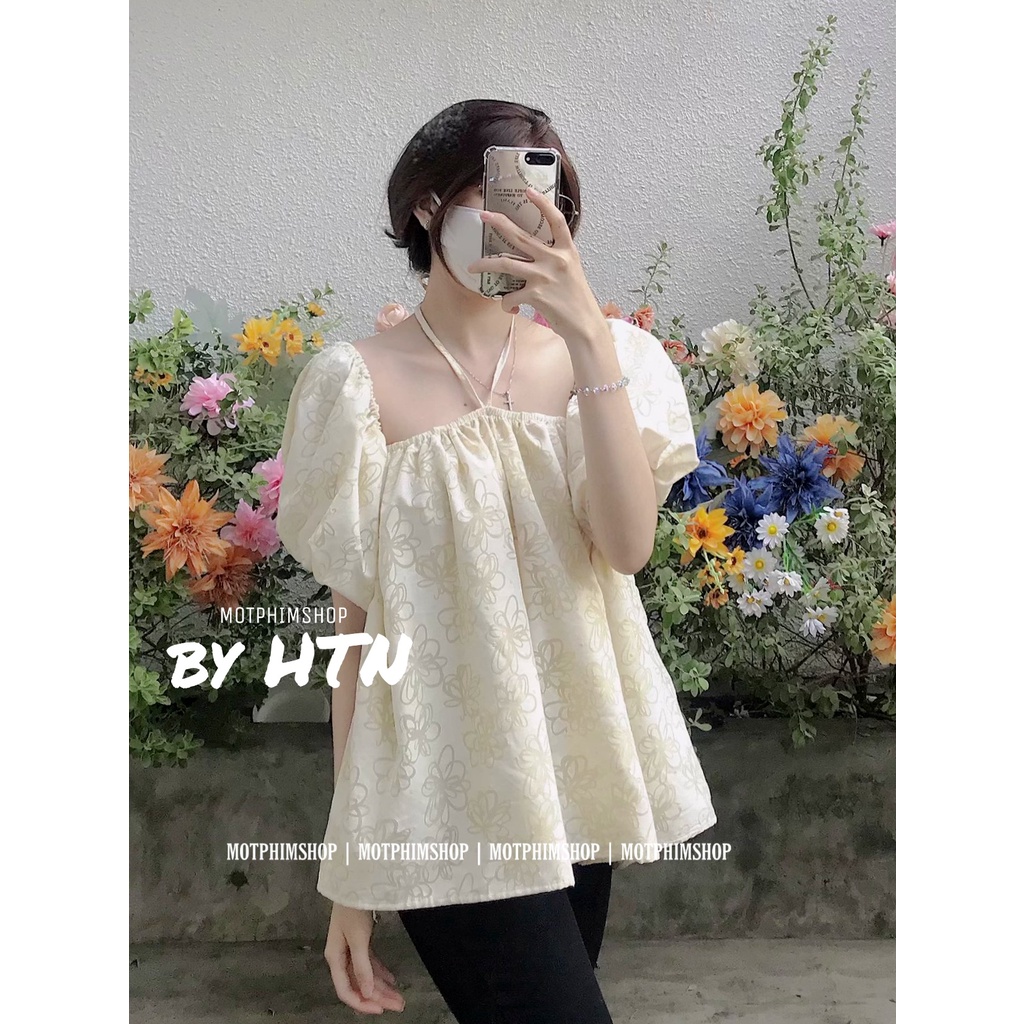 BANO TOP, Áo babydoll tay phồng bẹt vai cổ yếm