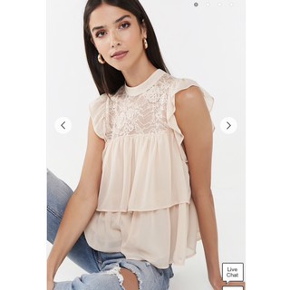 Áo Voan F21 Cổ Ren Tầng Sát Nách Tay Bèo Màu Kem - 2140