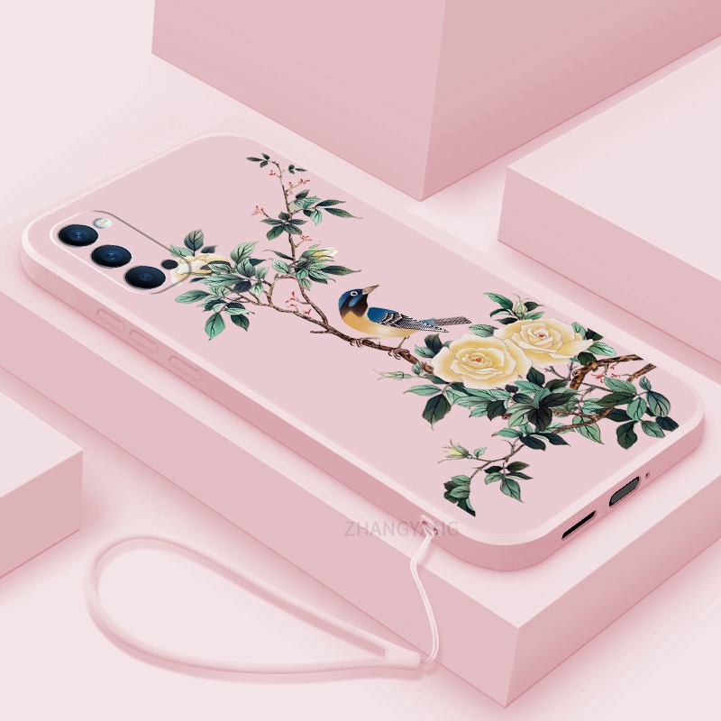 Ốp Điện Thoại TPU Mềm Họa Tiết Hoa Và Chim Có Dây Đeo Cho oppo reno 4 reno 5
