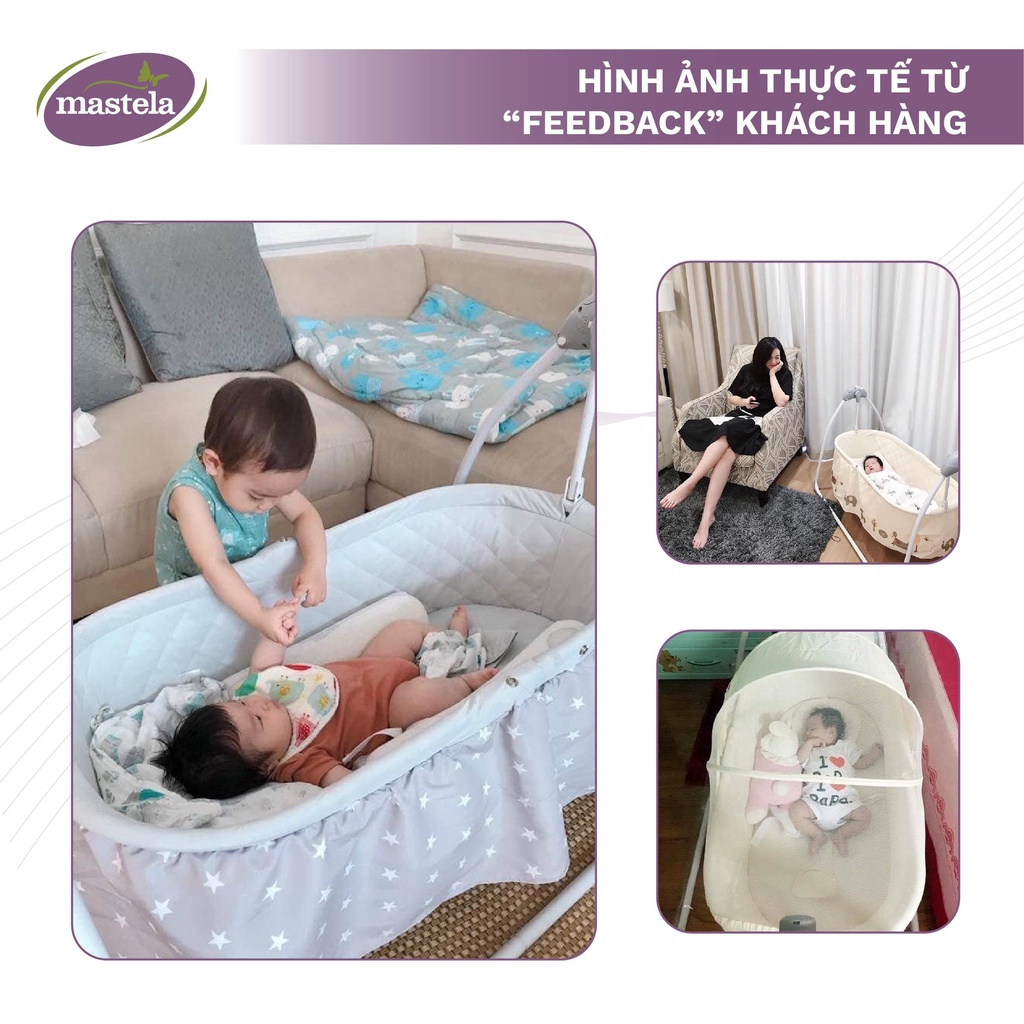 Nôi điện cho bé rung 5 chế độ Mastela MSTLSG239 thiết kế thông minh, có màn chống muỗi và hẹn giờ phát 12 bài nhạc