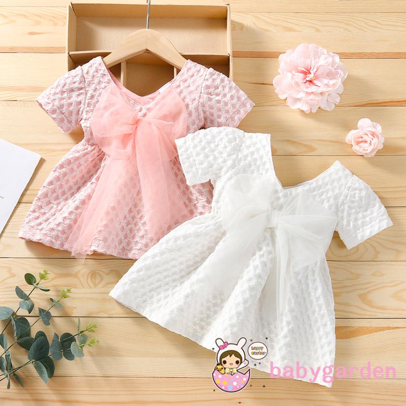 Đầm Chữ A Tay Ngắn Cổ Chữ V Phối Lưới Thắt Nơ Họa Tiết Sọc Caro Thời Trang Cho Bé Gái