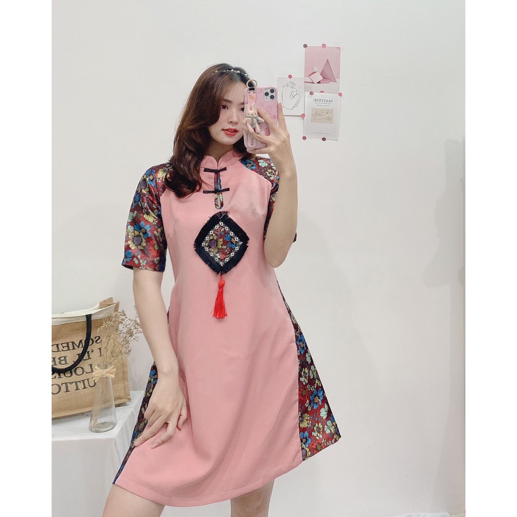 ĐẦM TẾT COTTON PHỐI GẤM THƯỢNG HẢI DÁNG SUÔNG-hình thật shop chụp | BigBuy360 - bigbuy360.vn