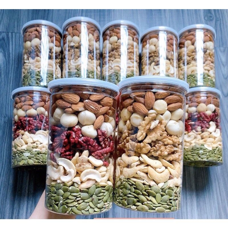 Hạt dinh dưỡng mix 5 loại hũ 500g,hạt ngũ cốc bà bầu gồm hạt macca, óc chó vàng - đỏ, hạnh nhân, bí xanh, hạt điều