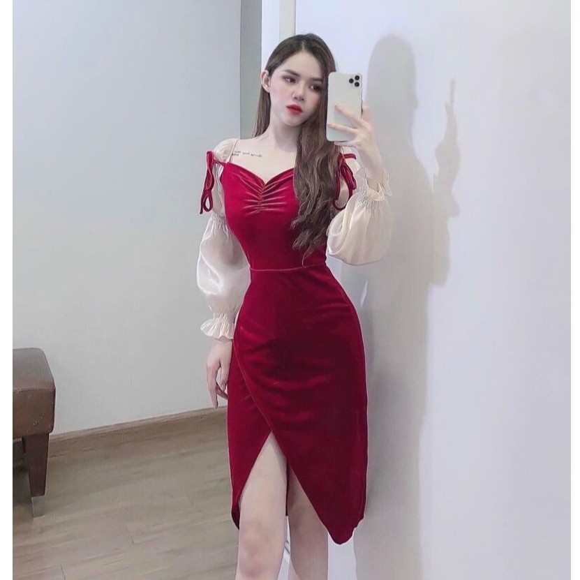 Váy nhung body pha tay nhũ ánh rúm ngực