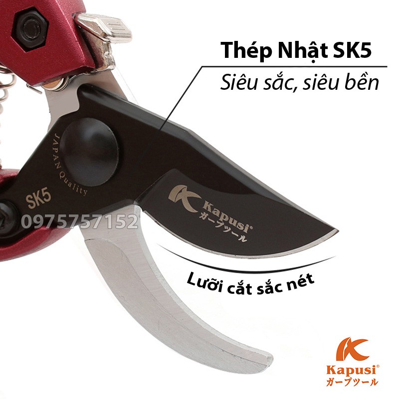Kéo cắt cành lưỡi cong trợ lực Nhật Kapusi JAPAN thép SK5 siêu sắc phủ Teflon chống dính, cán hợp kim nhôm đúc siêu bền