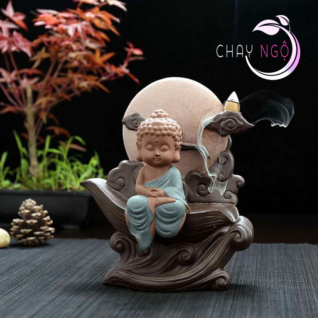 Thác khói trầm hương bằng gốm cao cấp - thác đốt trầm hương - kèm tượng Phật, chú tiểu tọa cung Trăng