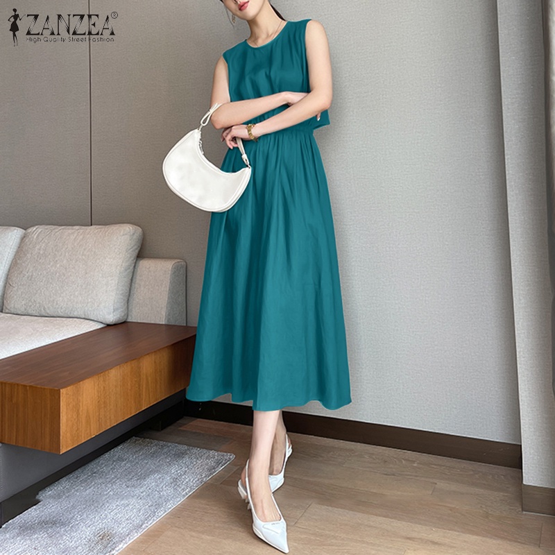Đầm dài ZANZEA không tay cổ tròn phối dây rút thanh lịch thời trang cho nữ