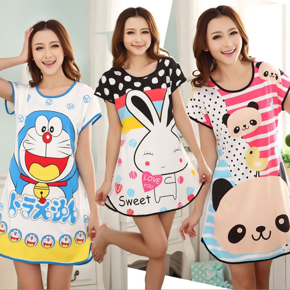 Đầm ngủ cổ tròn tay ngắn họa tiết hoạt hình dễ thương cho nữ | BigBuy360 - bigbuy360.vn