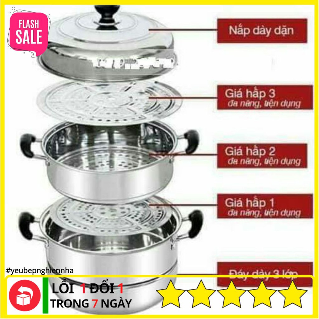 Nồi Hấp Inox Đa Năng 28cm ☘ Yêu Bếp ☘ Nồi Hấp 3 Tầng  Loại 2 Vỉ  Dùng Được Cho Bếp Từ Và Bếp Gas