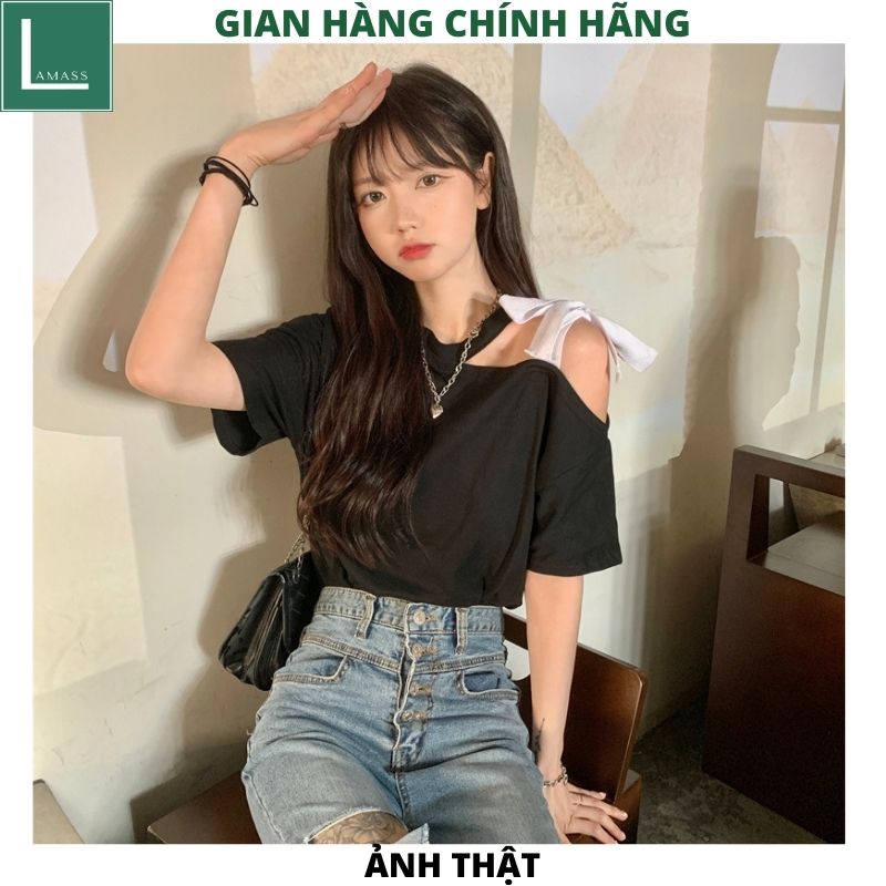 Áo thun nữ kiểu dáng hàn quốc trễ vai buộc nơ cổ cực xinh chất cottong mềm mịn mát -LAMASS