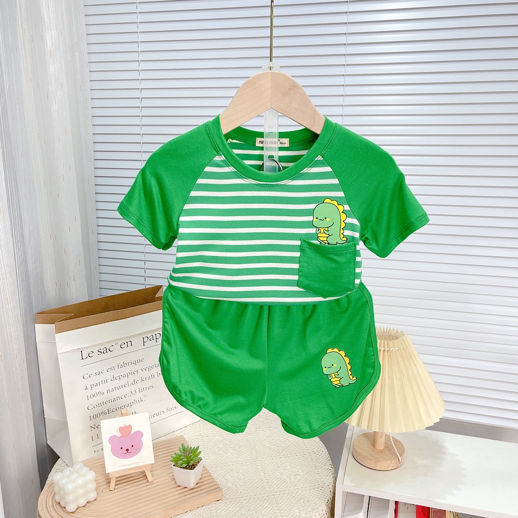 Bộ cộc tay cho bé trai bé gái, Bộ cộc tay Minky mom chính hãng thun lạnh vải sọc dệt có túi cho bé từ 7-28kg