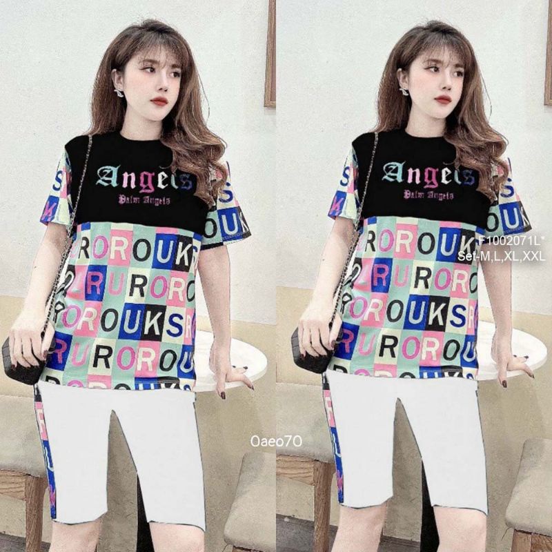 Set bộ thun lỡ viền áo phối họa tiết chữ tay ngắn 1002