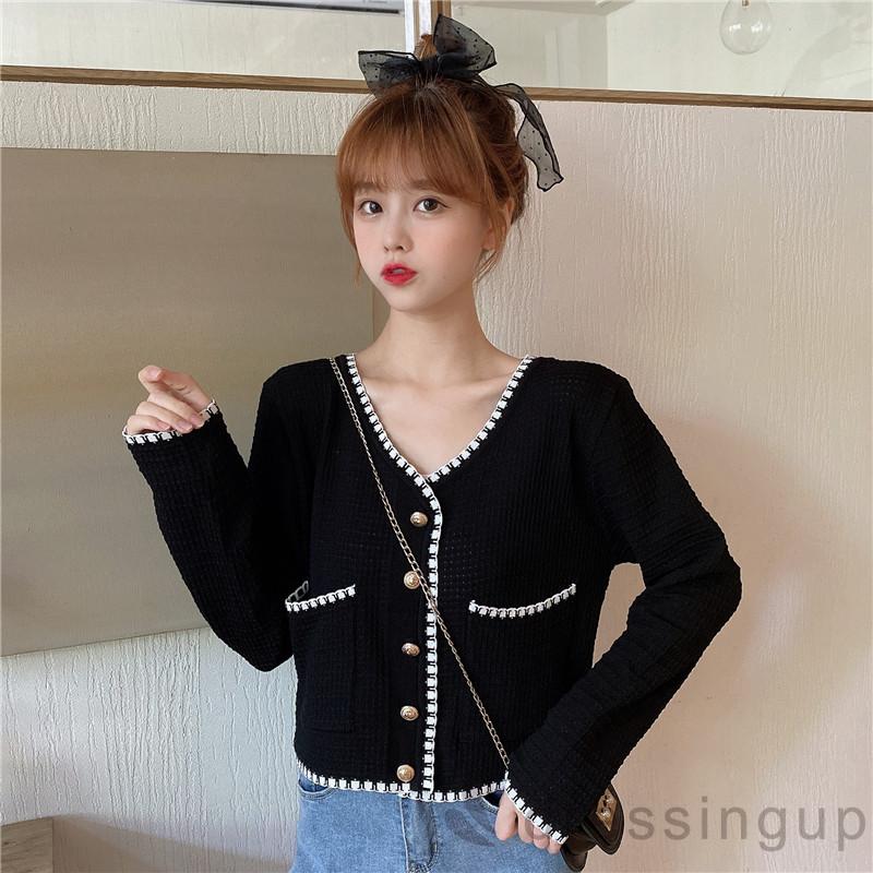 Áo Dệt Kim Tay Dài Dáng Rộng Phối Túi Thiết Kế Thanh Lịch Cho Nữ