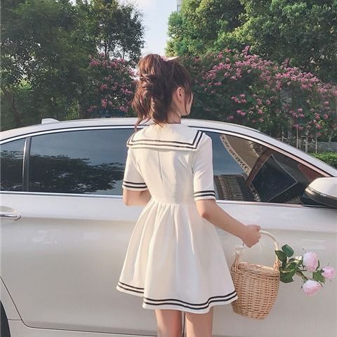 Đầm Thủy Thủ Ngắn Tay Xếp Ly Lưng Cao Thời Trang Mùa Hè Ngọt Ngào Cho Nữ