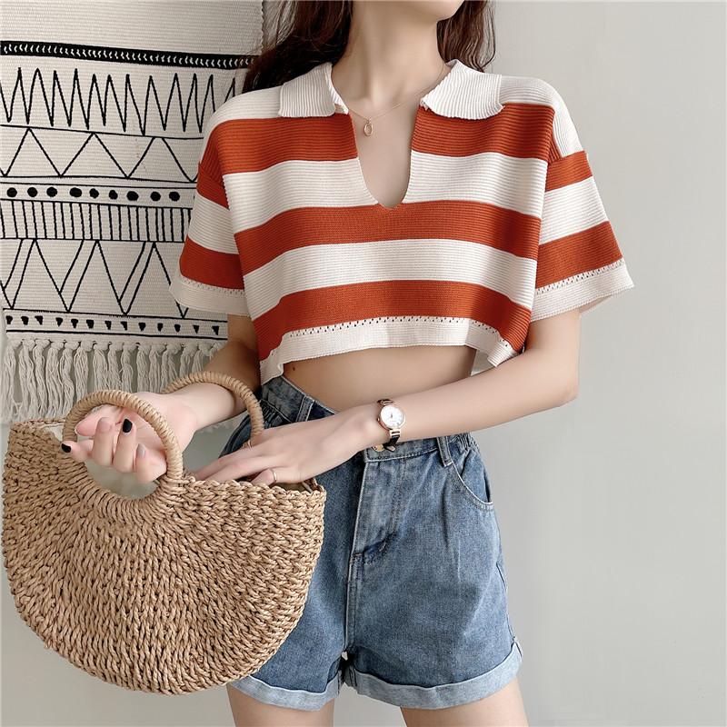 Áo Croptop Dệt Kim Tay Ngắn Cổ Chữ V Hoạ Tiết Kẻ Sọc Cho Phái Nữ