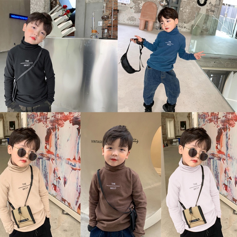 Áo thun cổ lọ in chữ thiết kế thời trang phong cách mùa thu cho bé trai