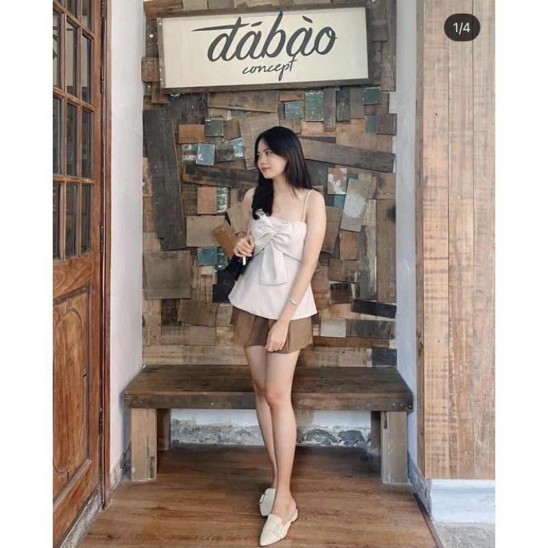ẢNH THẬT - SET ÁO PEPLUM NUDE 2 DÂY XOẮN NGỰC + CHÂN VÁY XẾP LY NÂU