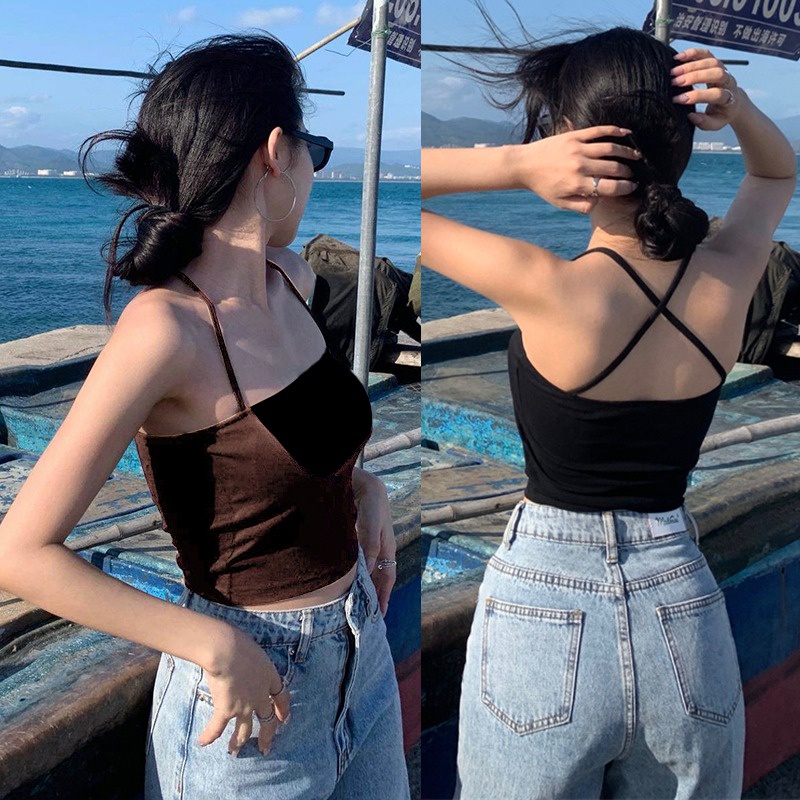 Áo Croptop Hai Dây Hở Lưng Ôm Dáng Phong Cách Hàn Quốc Thời Trang Mùa Hè Dành Cho Nữ
