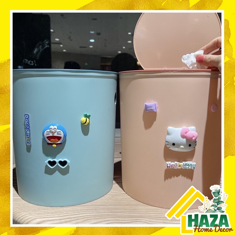 Thùng rác dáng trụ tròn hoạt hình Hello kitty, Doremon, chuột micky [Haza Home Decor]