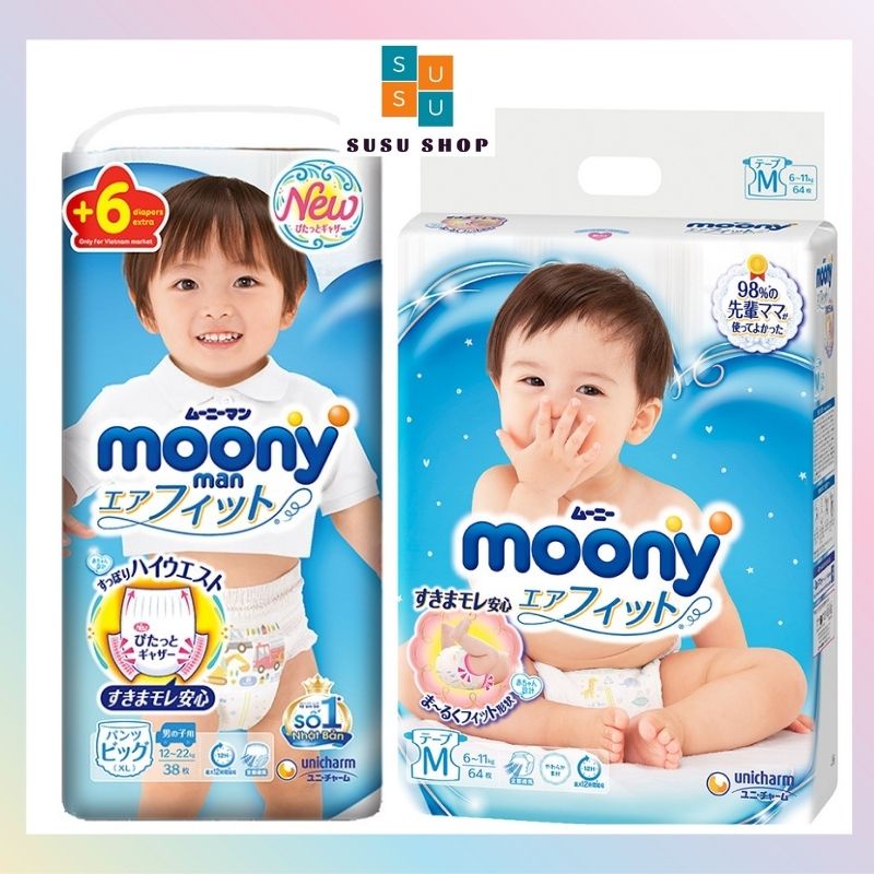 Bỉm Moony Cộng Miếng Nội Địa Nhật Dán/Quần đủ size NB90+6/S84+6/M58+6/M64+4/L44+6/L54+4/XL44