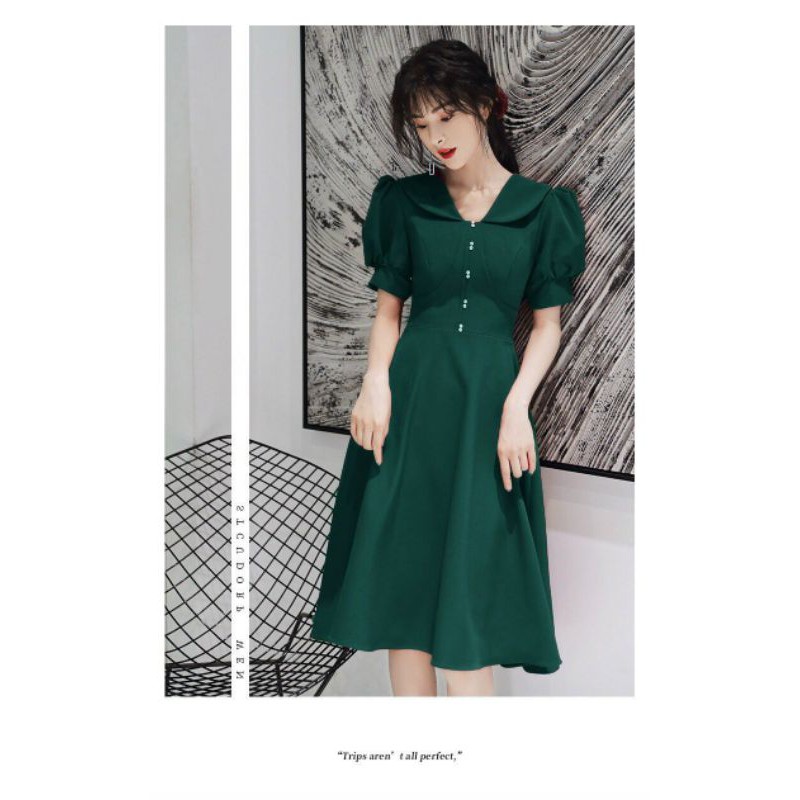 [Chất Đẹp] Váy Xòe Vintage, Đầm Xanh Rêu Tay Phồng Cách Điệu Dễ Thương, Vải Lụa Mát Mẻ, May Kĩ, Form Chuẩn