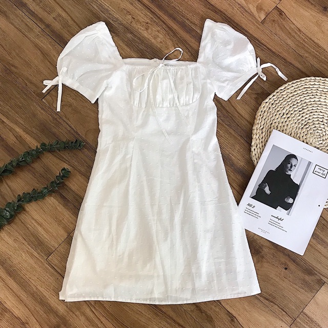 Đầm Trắng Owen Dress váy xinh chất vải kate kèm lớp lót dày dặn tay bèo có dây thắt cột nơ kèm ảnh trải sàn