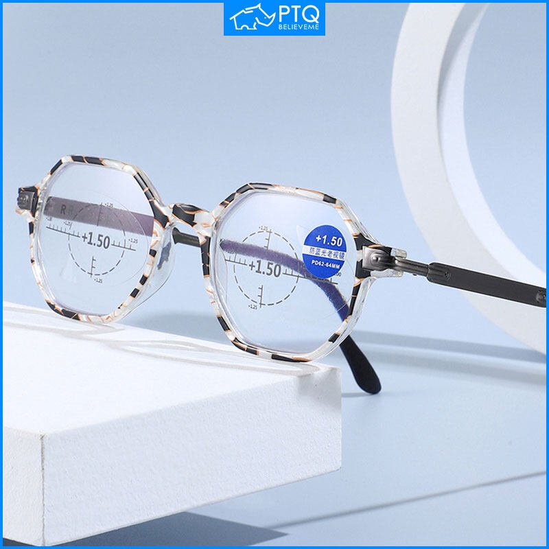 Kính Đọc Sách PTQ Tròng Đa Giác Chống Ánh Sáng Xanh Xoay 360 Độ Thời Trang