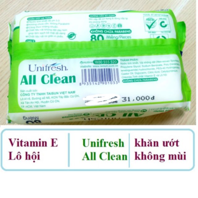 (80 TỜ) Khăn ướt Unifresh All Clean bổ sung tinh chất nha đam và vitamin E