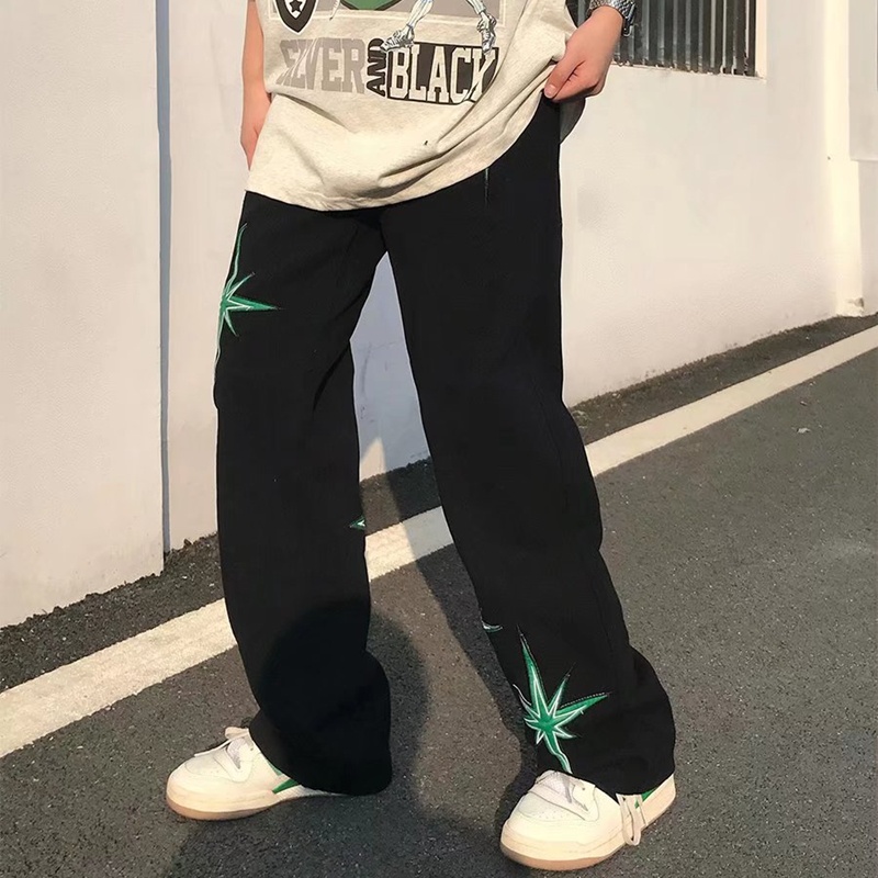 Quần Jeans Ống Rộng In Hình Ngôi Sao Phong Cách Hiphop Đường Phố Cho Nam Nữ