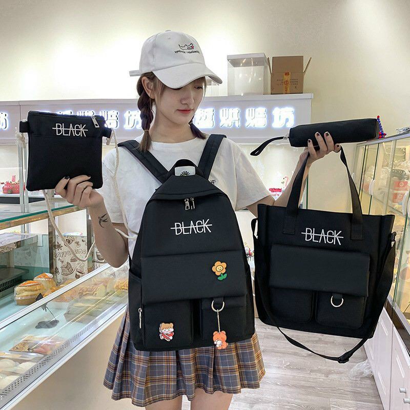 Combo balo 4 món black thời trang ulzzang, Set balo 4 món đi học, balo 4 món