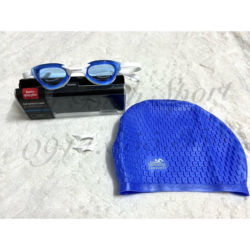 Combo kính bơi cực ôm mắt Conquest BL1206 + nón/mũ bơi Conquest gai siêu co giãn