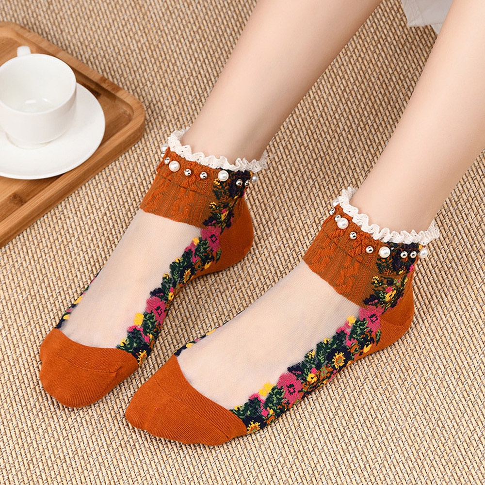 Vớ cổ thuyền vải lưới xuyên thấu thêu họa tiết hoa dễ thương thoáng khí thời trang mùa xuân