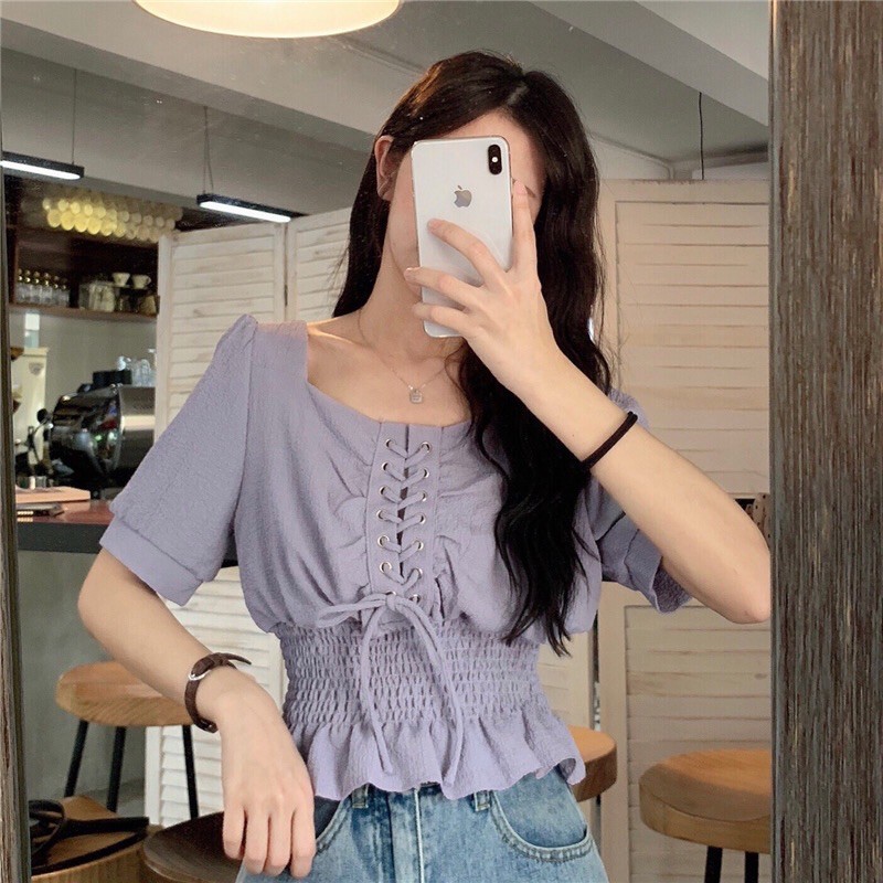 Áo kiểu nữ dáng croptop cổ vuông tay bồng đan dây ngực chun eo mặc hai kiểu phong cách Hàn Quốc xinh xắn