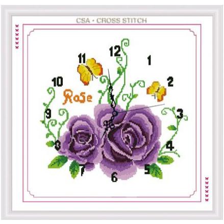 Tranh Thêu Chữ Thập Đồng Hồ Hoa Hồng Tím A1105 (KHÁCH TỰ THÊU) KT49X49CM