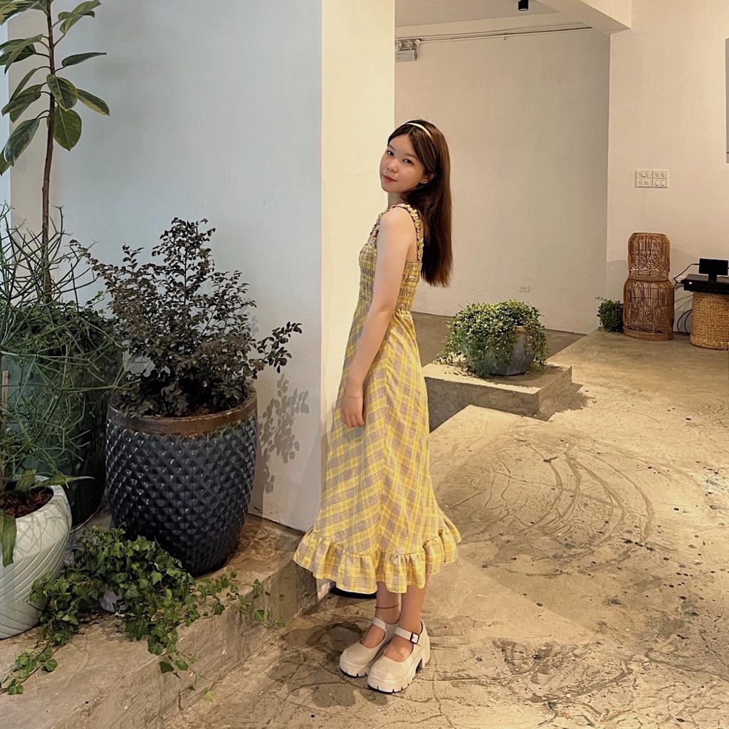 Váy 2 dây đầm dài kẻ nhún ngực đuôi bèo thiết kế Bonheur Tinker Dress