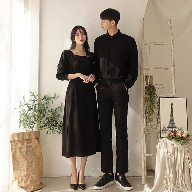 Đồ Đôi Nam Nữ, Áo Đôi Nam Nữ Đi biển đẹp, chụp hình cưới: Set áo váy sơ mi Hàn Quốc