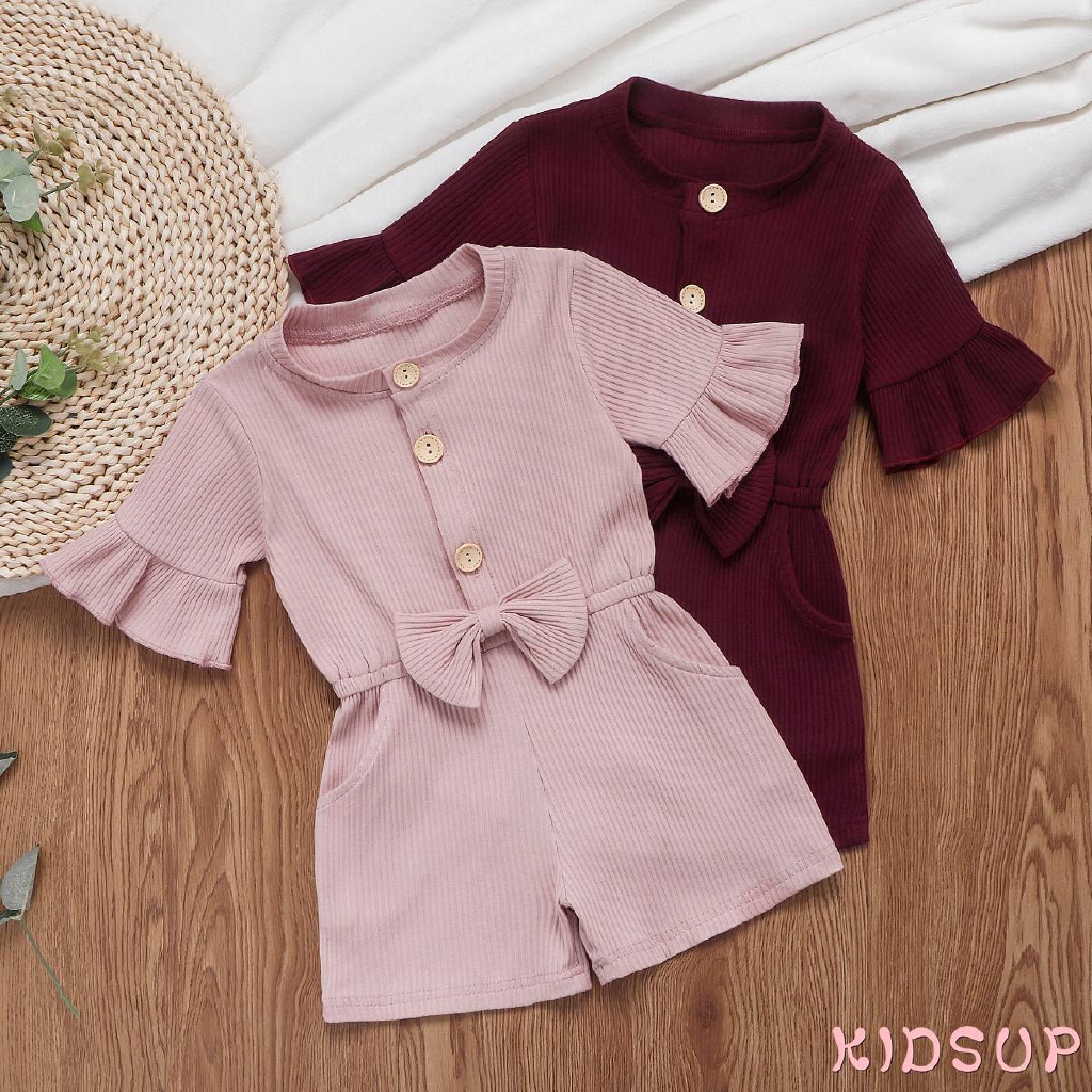 Bộ Áo Liền Quần Vải Cotton Phối Bèo Dễ Thương Cho Bé Gái
